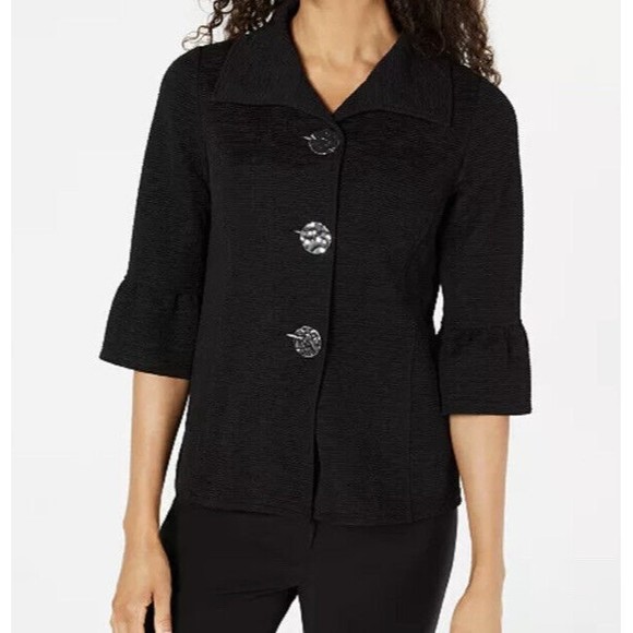 JM Collection Womens Textured Bell Sleeve Jacket Size L Black Career Workwear - Picture 1 of 9